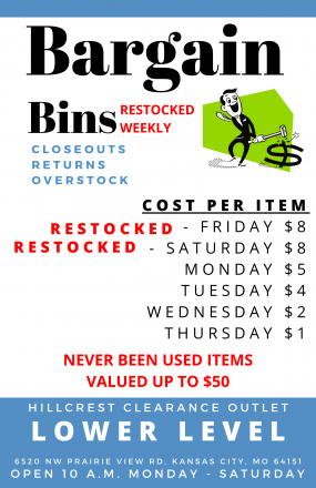 Clearance Bins- Clearance thrift store- Hillcrest Platte Couty