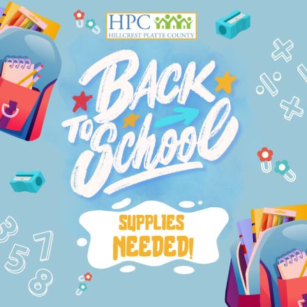 Back to school need of the month graphic. School supplies needed.
