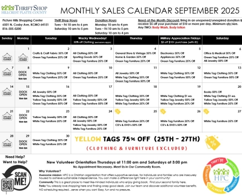 September Sales Calendar Hillcrest Thrift Shop Picture Hills 2025