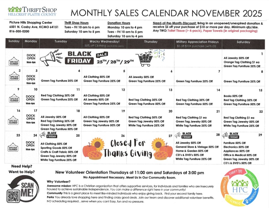 HillCrest Picture Hills Novermber Monthly Specials.