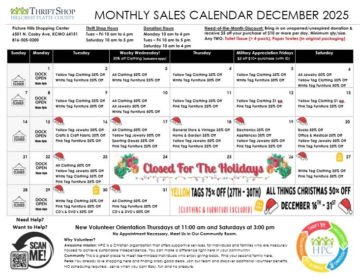 December 2025 Picture Hills Thrift Sales Calendar
